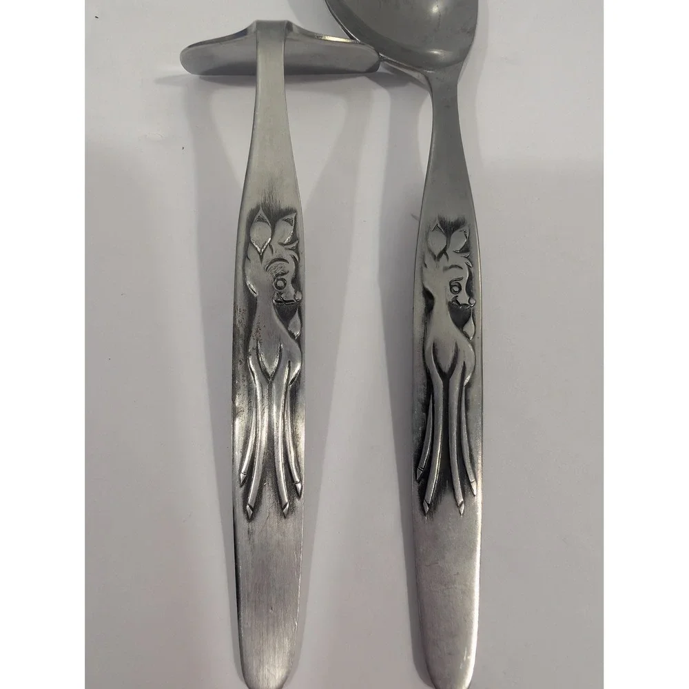 Vintage Disney Bambi Baby Spoon and Food Pusher Set Bonny Stainless Japan 2pc